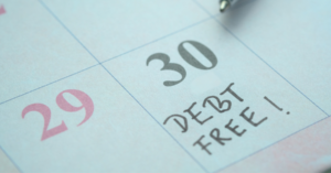 “Debt Free” written on the 30th in a calendar