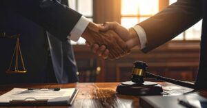 “client shaking hands with debt attorney after fee agreement”