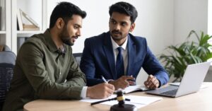 debt attorney explaining fee breakdown to client